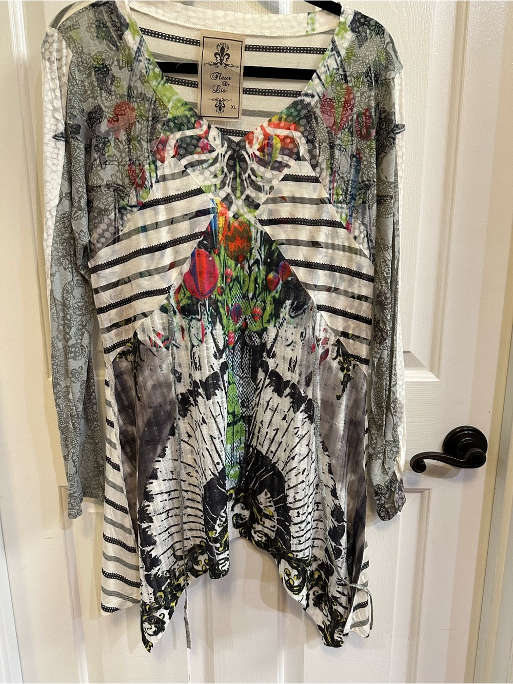Fleur De Lis V-Neck Floral & Stripe Long Sleeve Tunic - Multicolor